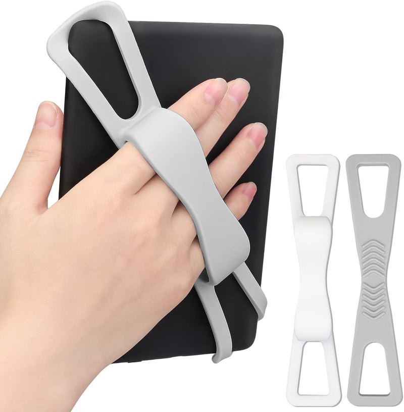 Dexspoeny 2 Pack Silicone Hand Straps for Kindle and Tablets, Secure Lightweight Finger Grip Holder for 4.7-8" Kindle Paperwhite/iPad/Samsung/Kobo/Oasis/Fire/Sony/Lenovo E-Readers (White+Grey) - Image 1